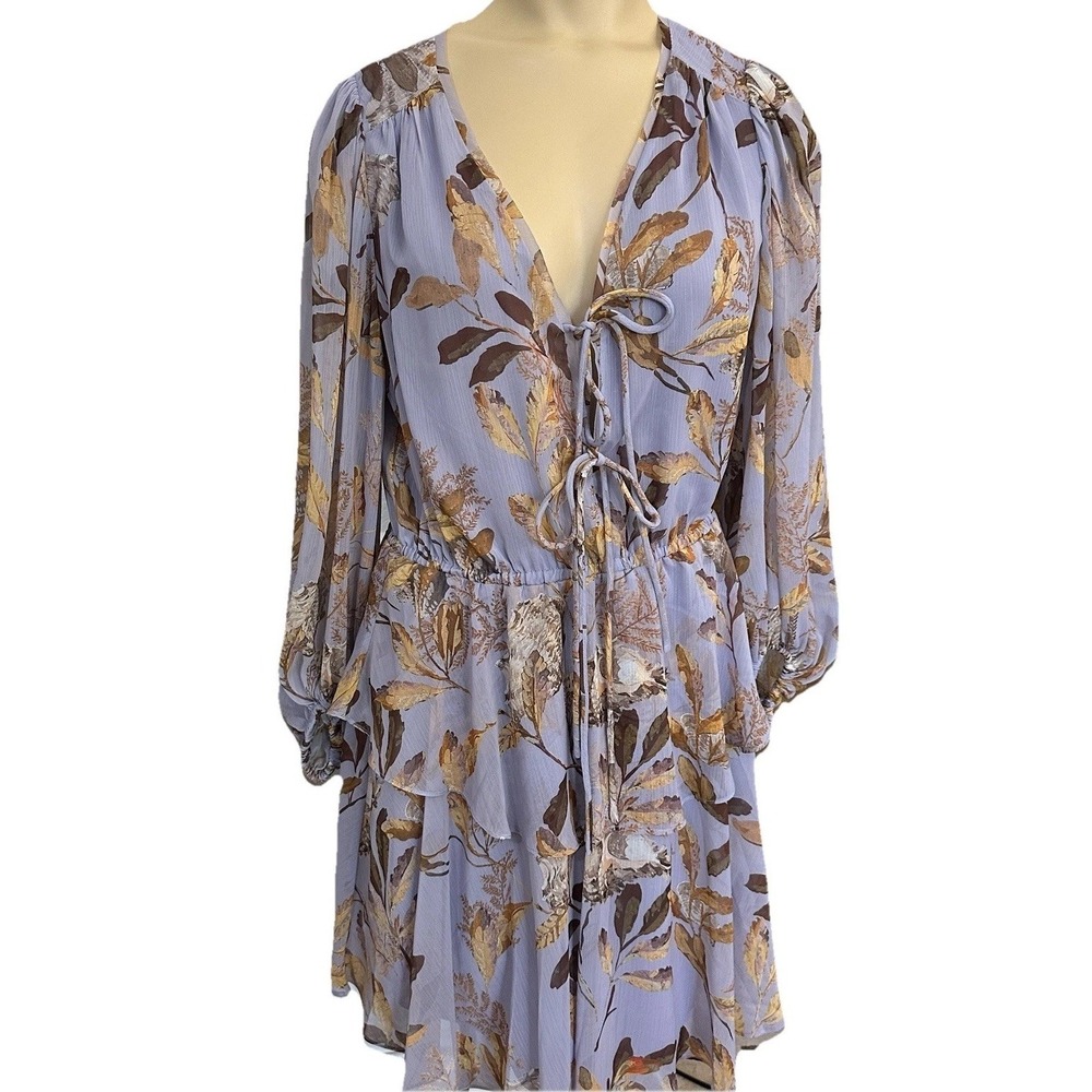 Ted Baker Fit‎ Flare Mini Dress Size 2 Floral Print Tie Front Long Sleeve Purple